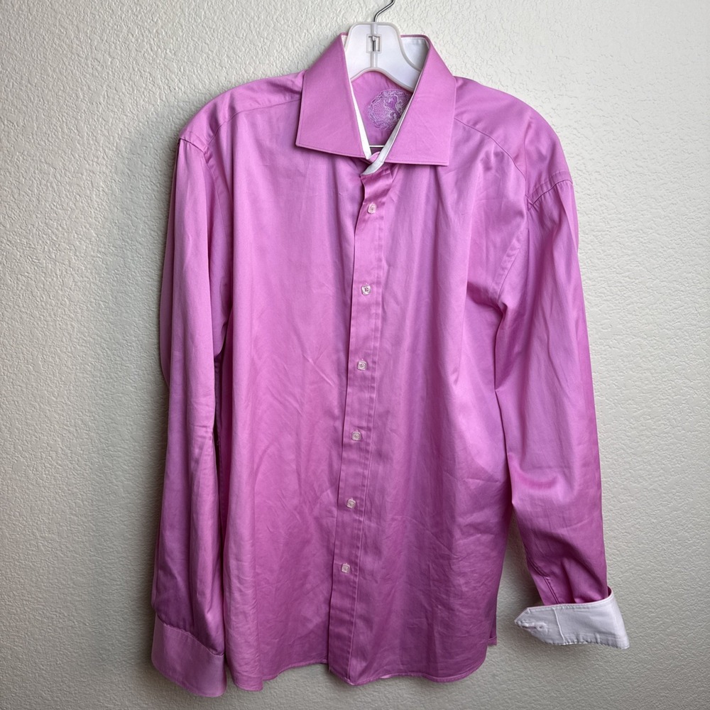Bugatchi Men's Long‎ Sleeve Pink With White Flip Collar Size L Shaped Fit